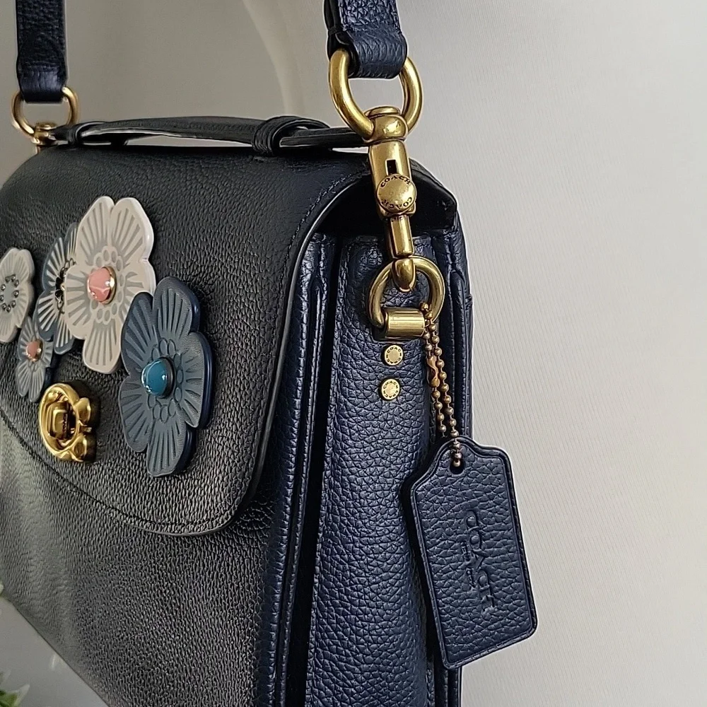 Navy Floral Appliqué Leather Shoulder Bag - Picture 6 of 15